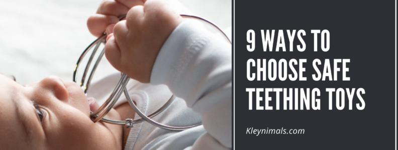 Baby nibbling on a Kleyminals safe teething toy